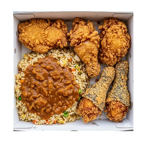 Box 3, Jasmine Rice With Thai Green Curry Sauce, 2pcs K-pop Crispy Chicken, 2pcs Scottish Korean Fried Chicken - Halal 