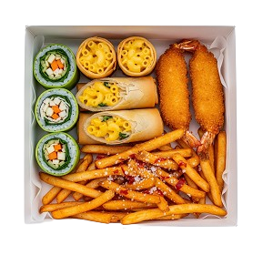 Box 4, 4pcs Veggie Mini Roll, 2pcs Mac And Cheese Spring Roll, 2pcs Breaded Torpedo Prawn, Salt & Chili Chips 