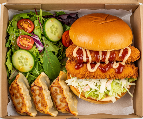 Box 2, K-pop Double Crispy Chicken Burger, 3pcs Chicken Gyoza & Salad - Halal 